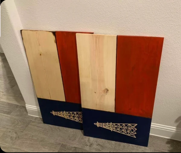 Custom wood flag with oil derrick string art