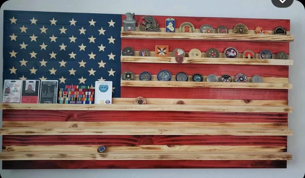 American flag with challenge coin shelves