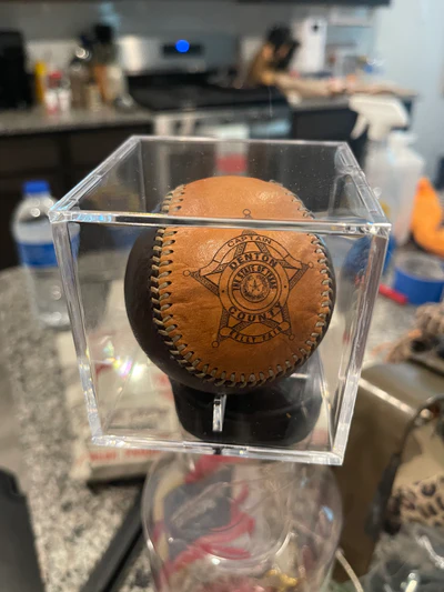 Captain Denton County Texas baseball in display case